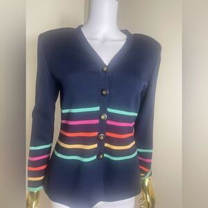 St. John knit  Navy Cardigan  sweater  jacket with Multicolor Stripes